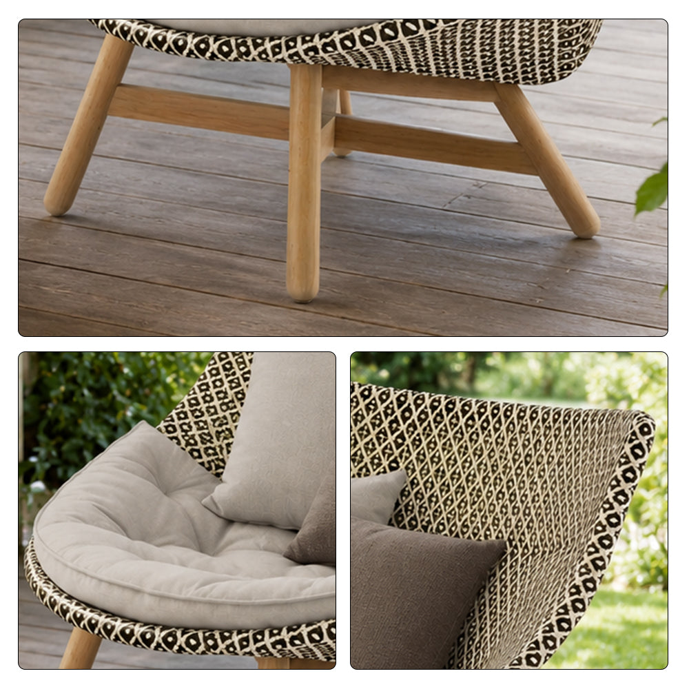 SOLARA Outdoor High Back Lounge Chair with PE Rattan Seat Teak Wood Base Single Sofa Chair for Patio Garden Balcony Relaxing Space - Beige