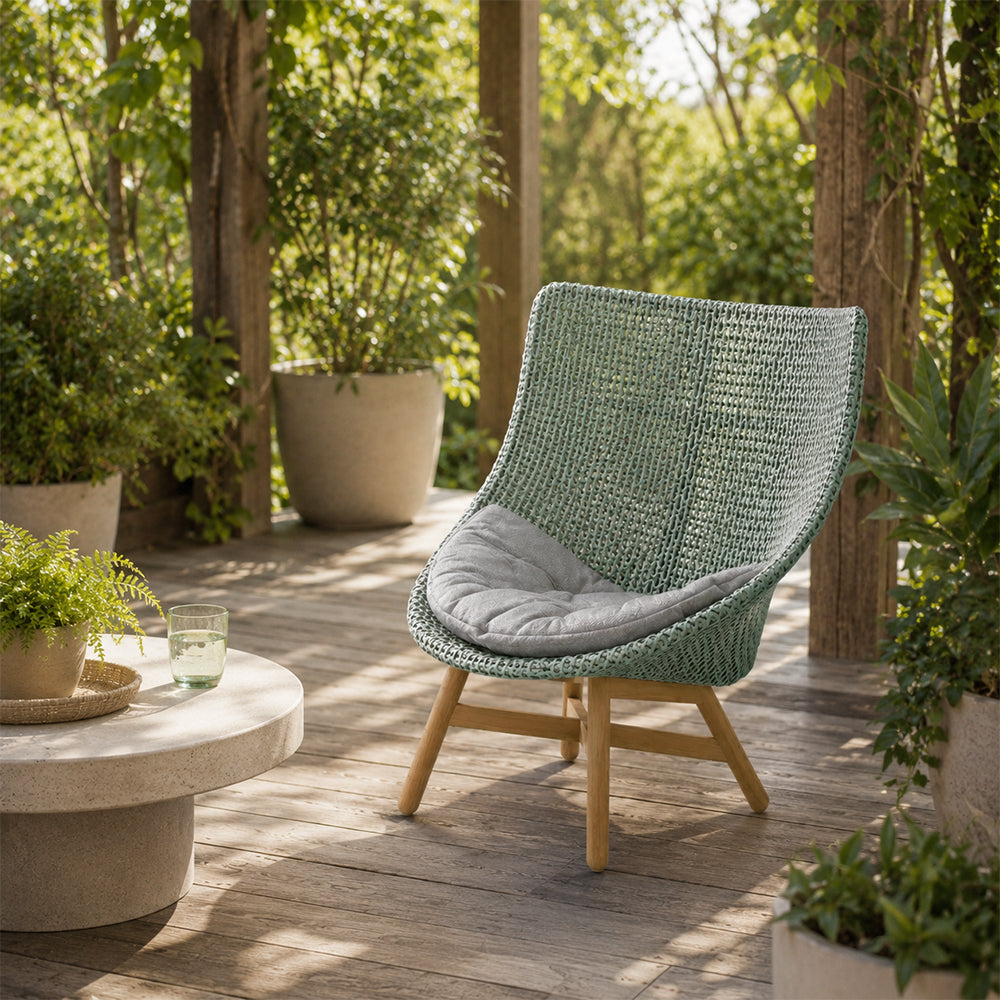SOLARA Outdoor High Back Lounge Chair with PE Rattan Seat Teak Wood Base Single Sofa Chair for Patio Garden Balcony Relaxing Space - Blue
