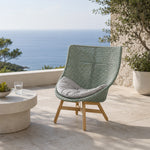 SOLARA Outdoor High Back Lounge Chair with PE Rattan Seat Teak Wood Base Single Sofa Chair for Patio Garden Balcony Relaxing Space - Blue