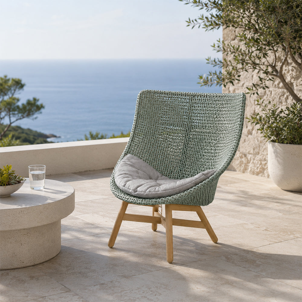 SOLARA Outdoor High Back Lounge Chair with PE Rattan Seat Teak Wood Base Single Sofa Chair for Patio Garden Balcony Relaxing Space - Blue