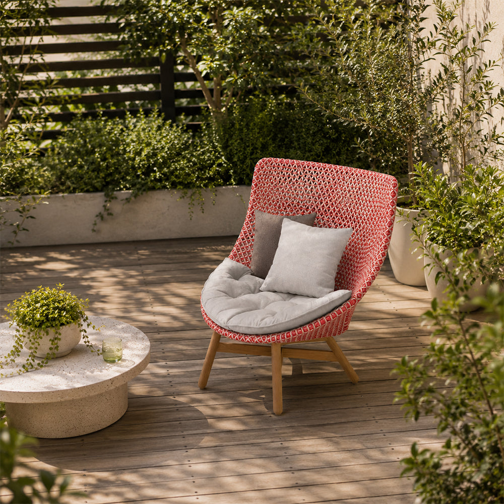 SOLARA Outdoor High Back Lounge Chair with PE Rattan Seat Teak Wood Base Single Sofa Chair for Patio Garden Balcony Relaxing Space - Red