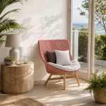 SOLARA Outdoor High Back Lounge Chair with PE Rattan Seat Teak Wood Base Single Sofa Chair for Patio Garden Balcony Relaxing Space - Red