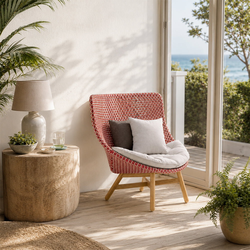 SOLARA Outdoor High Back Lounge Chair with PE Rattan Seat Teak Wood Base Single Sofa Chair for Patio Garden Balcony Relaxing Space - Red