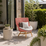SOLARA Outdoor High Back Lounge Chair with PE Rattan Seat Teak Wood Base Single Sofa Chair for Patio Garden Balcony Relaxing Space - Red