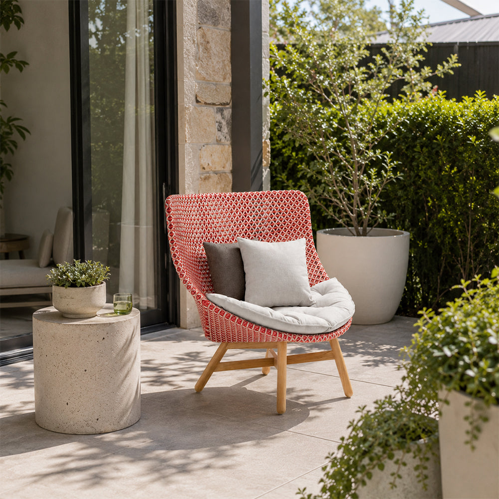 SOLARA Outdoor High Back Lounge Chair with PE Rattan Seat Teak Wood Base Single Sofa Chair for Patio Garden Balcony Relaxing Space - Red