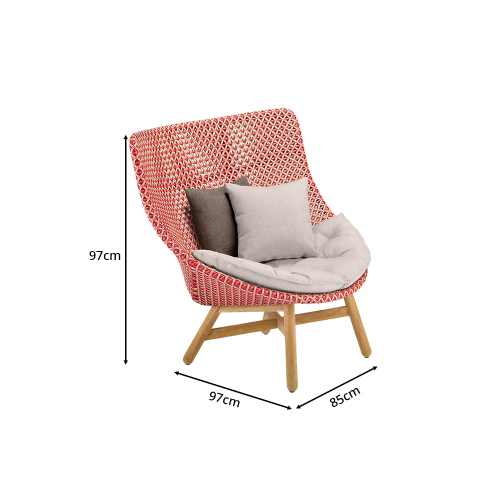 SOLARA Outdoor High Back Lounge Chair with PE Rattan Seat Teak Wood Base Single Sofa Chair for Patio Garden Balcony Relaxing Space - Red