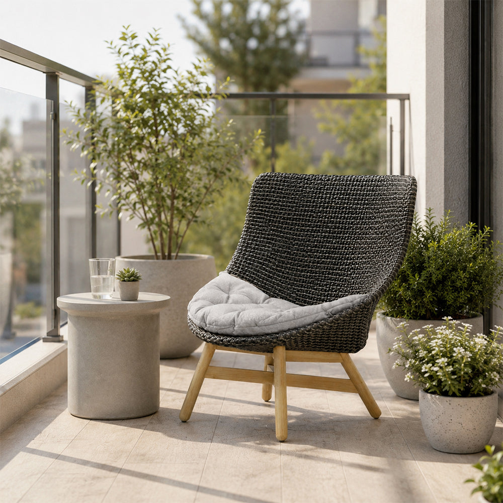 SOLARA Outdoor High Back Lounge Chair with PE Rattan Seat Teak Wood Base Single Sofa Chair for Patio Garden Balcony Relaxing Space - Black