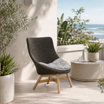 SOLARA Outdoor High Back Lounge Chair with PE Rattan Seat Teak Wood Base Single Sofa Chair for Patio Garden Balcony Relaxing Space - Black