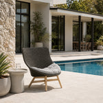 SOLARA Outdoor High Back Lounge Chair with PE Rattan Seat Teak Wood Base Single Sofa Chair for Patio Garden Balcony Relaxing Space - Black