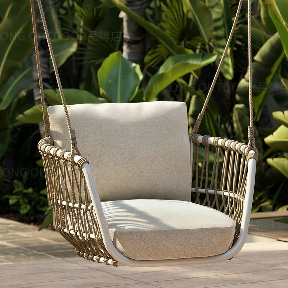 SOLARA Outdoor Swing Chair with Aluminium Frame, Olefin Rope & Canopy for Patio, Balcony and Garden - White