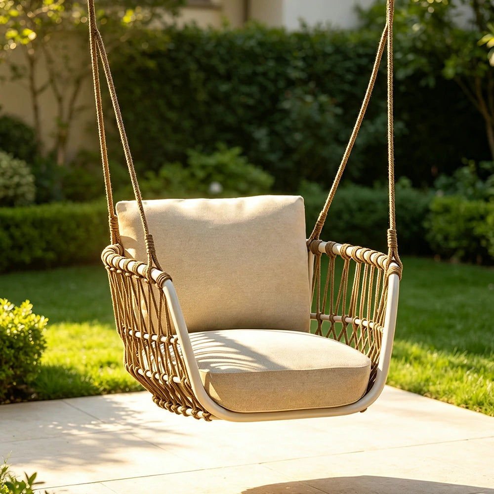 SOLARA Outdoor Swing Chair with Aluminium Frame, Olefin Rope & Canopy for Patio, Balcony and Garden - White