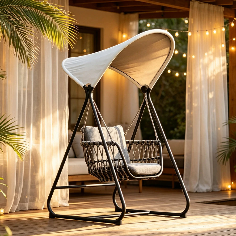 SOLARA Outdoor Swing Chair with Aluminium Frame, Olefin Rope & Canopy for Patio, Balcony and Garden - Grey