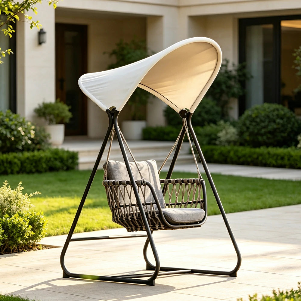 SOLARA Outdoor Swing Chair with Aluminium Frame, Olefin Rope & Canopy for Patio, Balcony and Garden - Grey