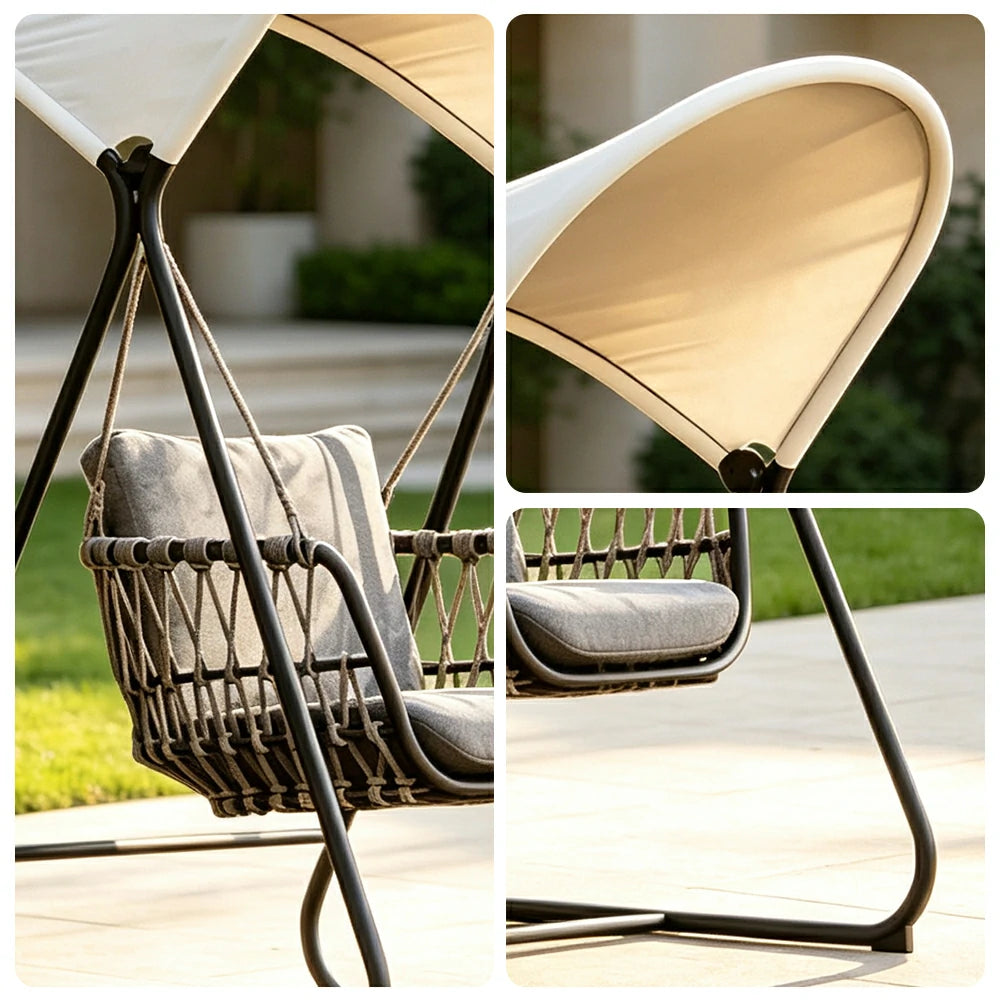 SOLARA Outdoor Swing Chair with Aluminium Frame, Olefin Rope & Canopy for Patio, Balcony and Garden - Grey