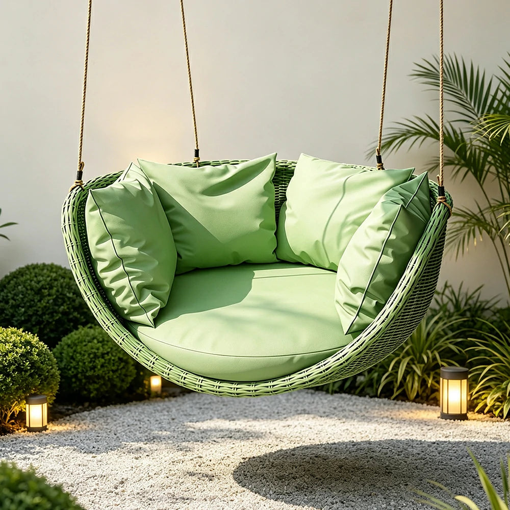 SOLARA Hanging Basket Chair with PE Rattan Aluminium Frame and Water Resistant Cushion for Balcony Patio and Indoor Lounging - Green