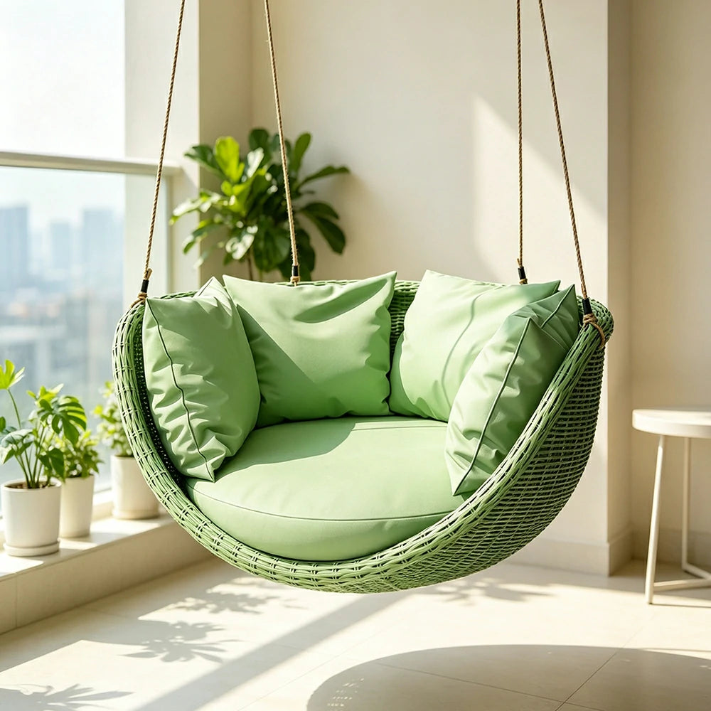 SOLARA Hanging Basket Chair with PE Rattan Aluminium Frame and Water Resistant Cushion for Balcony Patio and Indoor Lounging - Green