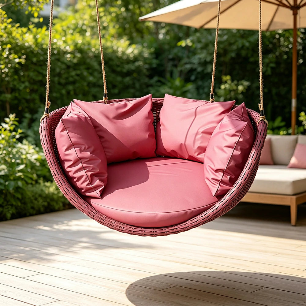SOLARA Hanging Basket Chair with PE Rattan Aluminium Frame and Water Resistant Cushion for Balcony Patio and Indoor Lounging - Pink
