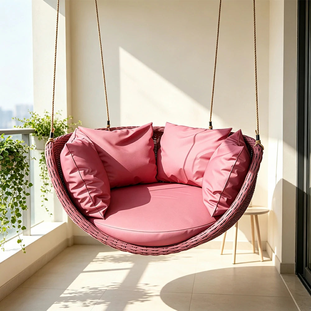 SOLARA Hanging Basket Chair with PE Rattan Aluminium Frame and Water Resistant Cushion for Balcony Patio and Indoor Lounging - Pink