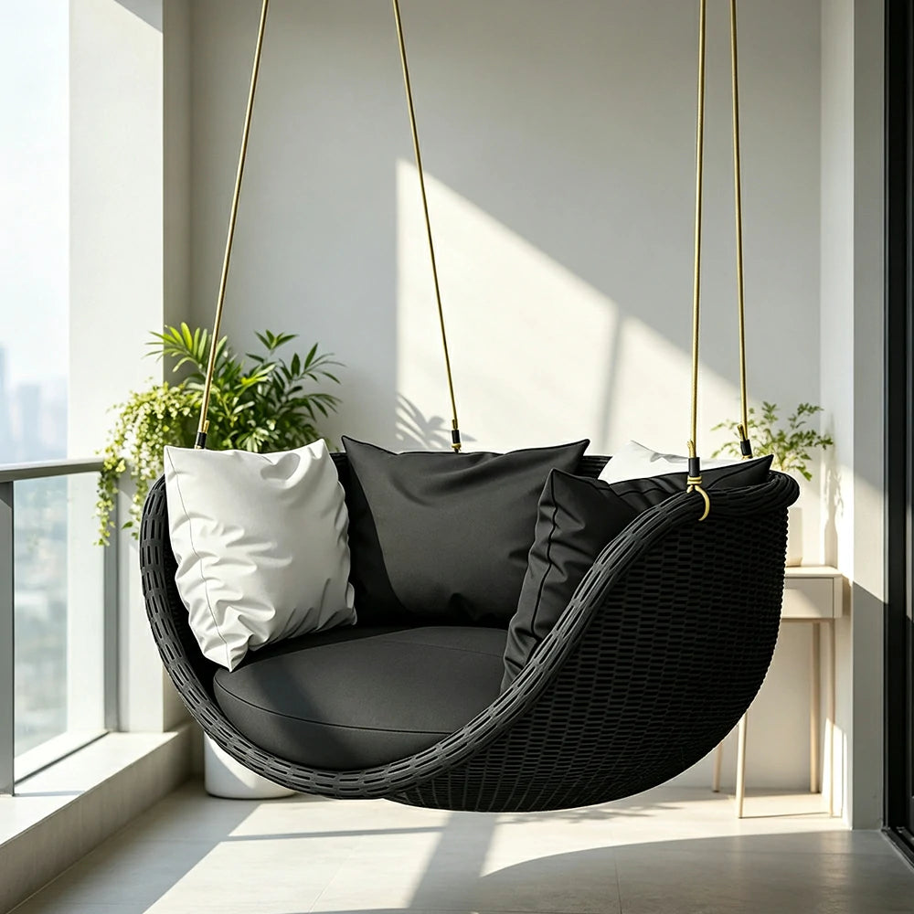 SOLARA Hanging Basket Chair with PE Rattan Aluminium Frame and Water Resistant Cushion for Balcony Patio and Indoor Lounging - Black