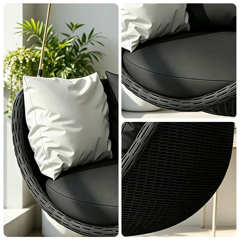 SOLARA Hanging Basket Chair with PE Rattan Aluminium Frame and Water Resistant Cushion for Balcony Patio and Indoor Lounging - Black