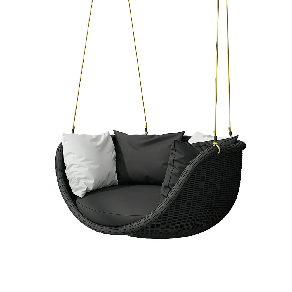 SOLARA Hanging Basket Chair with PE Rattan Aluminium Frame and Water Resistant Cushion for Balcony Patio and Indoor Lounging - Black