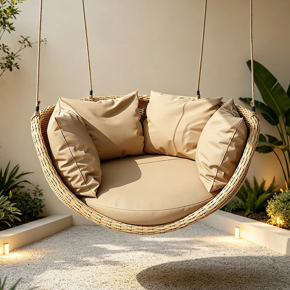 SOLARA Hanging Basket Chair with PE Rattan Aluminium Frame and Water Resistant Cushion for Balcony Patio and Indoor Lounging - Coffee