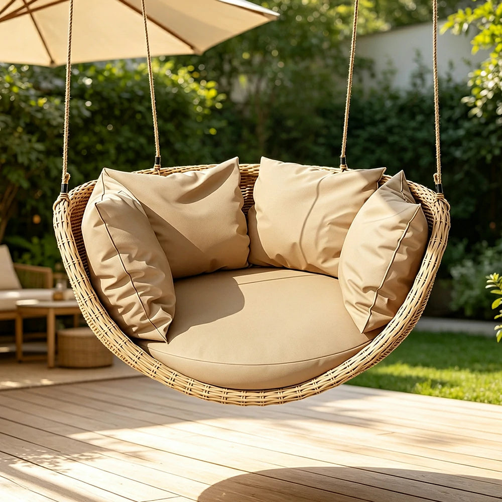 SOLARA Hanging Basket Chair with PE Rattan Aluminium Frame and Water Resistant Cushion for Balcony Patio and Indoor Lounging - Coffee