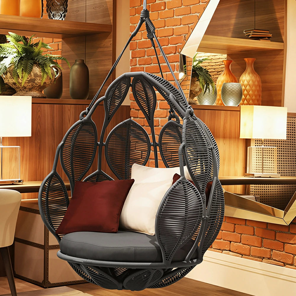 SOLARA Handwoven Hanging Chair with Leaf Backrest High Resilience Cushion and Adjustable Height for Indoor and Outdoor Relaxation