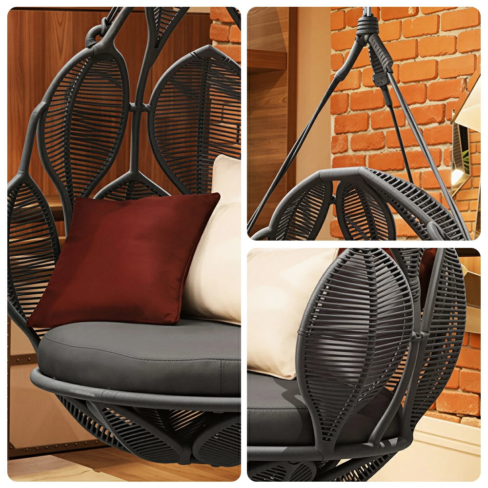 SOLARA Handwoven Hanging Chair with Leaf Backrest High Resilience Cushion and Adjustable Height for Indoor and Outdoor Relaxation