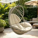 SOLARA Outdoor Rattan Hanging Chair with Open Curved Backrest Quick Dry PE Rattan and Soft Cushion for Balcony Patio and Garden - Grey