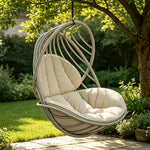 SOLARA Outdoor Rattan Hanging Chair with Open Curved Backrest Quick Dry PE Rattan and Soft Cushion for Balcony Patio and Garden - Grey