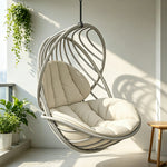 SOLARA Outdoor Rattan Hanging Chair with Open Curved Backrest Quick Dry PE Rattan and Soft Cushion for Balcony Patio and Garden - Grey