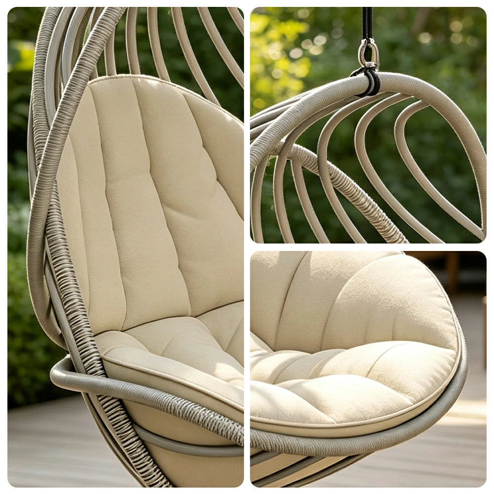 SOLARA Outdoor Rattan Hanging Chair with Open Curved Backrest Quick Dry PE Rattan and Soft Cushion for Balcony Patio and Garden - Grey