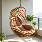 SOLARA Outdoor Rattan Hanging Chair with Open Curved Backrest Quick Dry PE Rattan and Soft Cushion for Balcony Patio and Garden - Brown