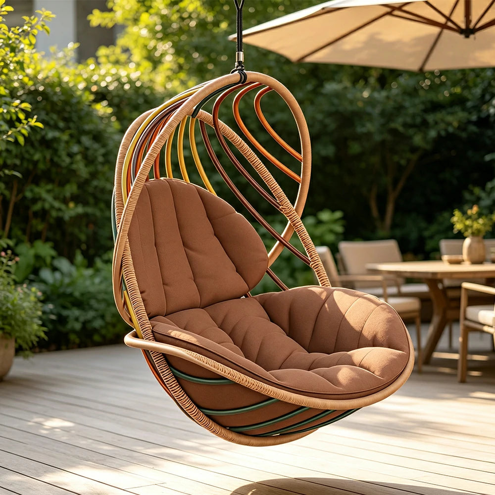 SOLARA Outdoor Rattan Hanging Chair with Open Curved Backrest Quick Dry PE Rattan and Soft Cushion for Balcony Patio and Garden - Brown