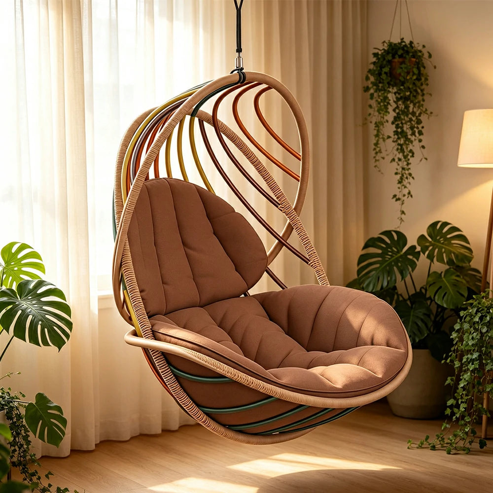 SOLARA Outdoor Rattan Hanging Chair with Open Curved Backrest Quick Dry PE Rattan and Soft Cushion for Balcony Patio and Garden - Brown