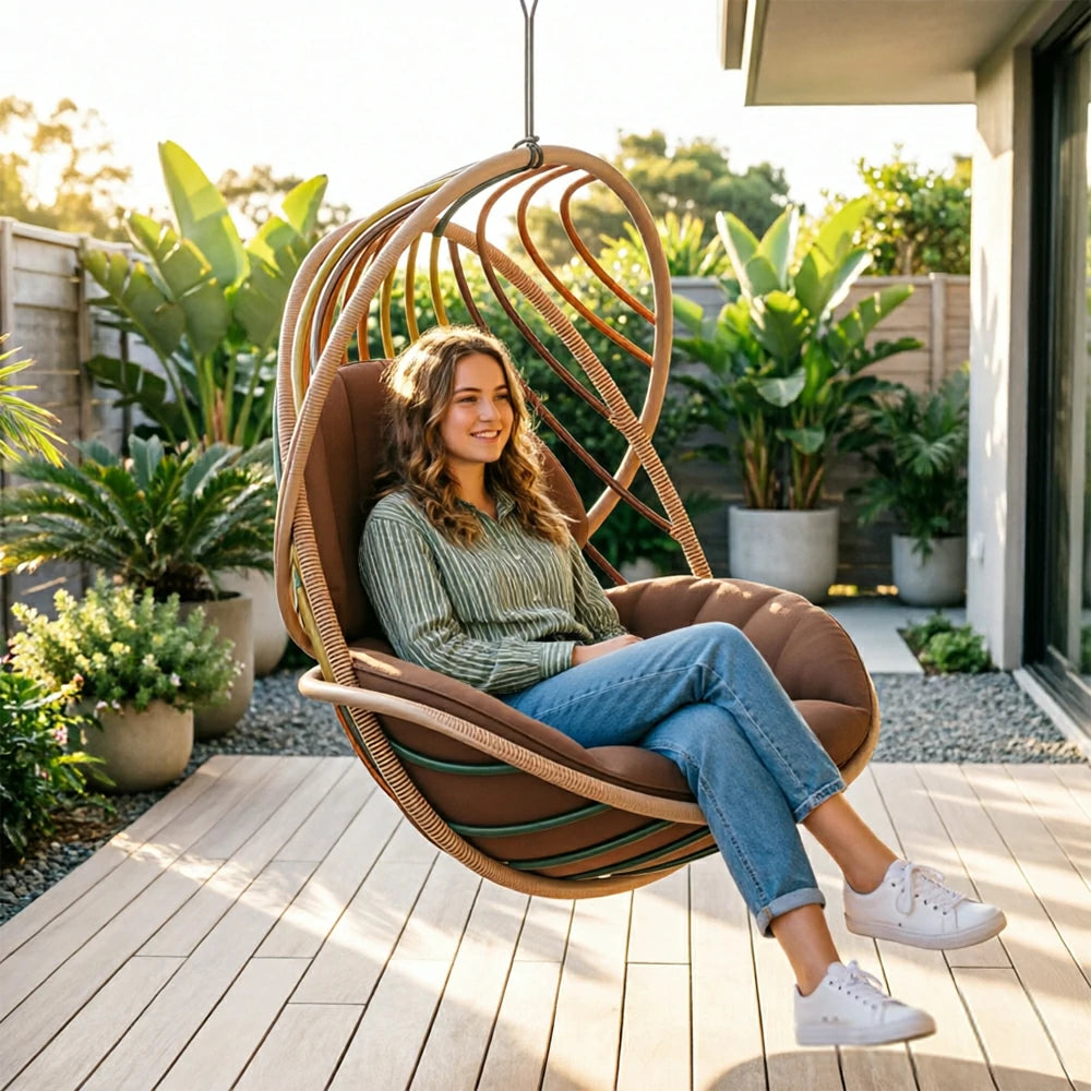 SOLARA Outdoor Rattan Hanging Chair with Open Curved Backrest Quick Dry PE Rattan and Soft Cushion for Balcony Patio and Garden - Brown