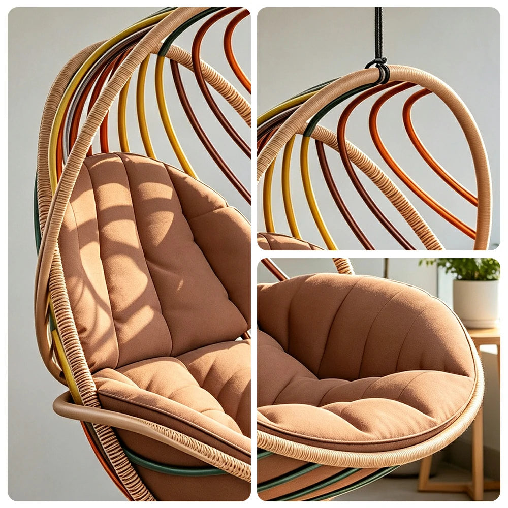 SOLARA Outdoor Rattan Hanging Chair with Open Curved Backrest Quick Dry PE Rattan and Soft Cushion for Balcony Patio and Garden - Brown