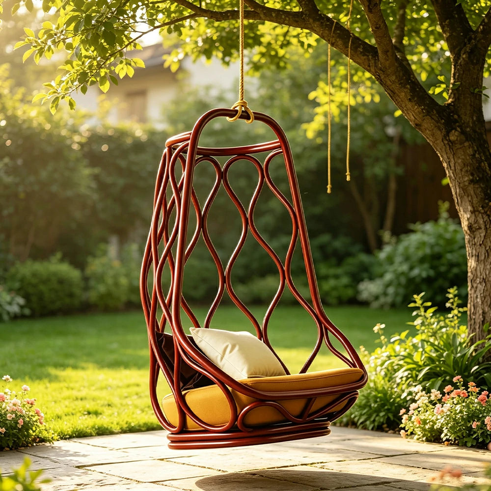 SOLARA Hanging Basket Chair with Weather Resistant Rattan High Resilience Cushion and Space Saving Design for Indoor and Outdoor Relaxation - Brown