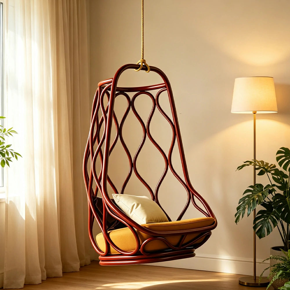 SOLARA Hanging Basket Chair with Weather Resistant Rattan High Resilience Cushion and Space Saving Design for Indoor and Outdoor Relaxation - Brown