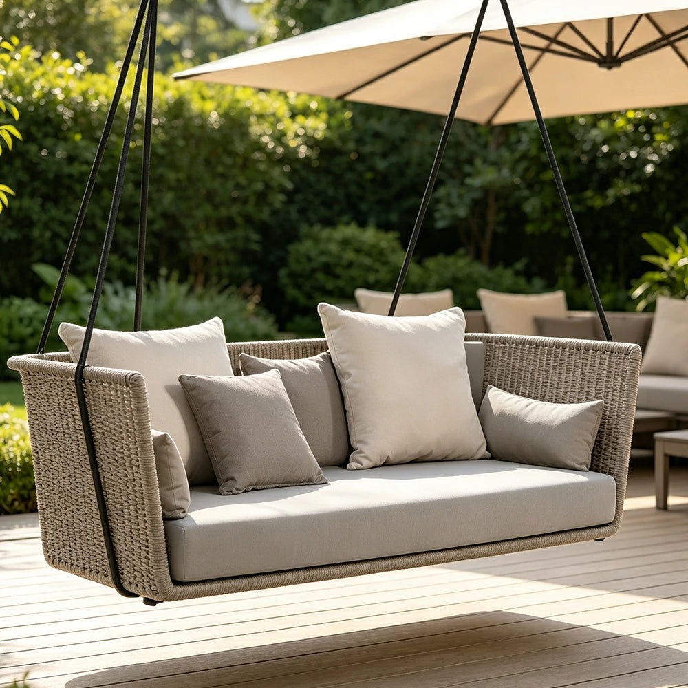 SOLARA Double Swing Sofa with PE Rattan Weaving & Waterproof Cushion, Outdoor Hanging Chair for Balcony Garden Patio