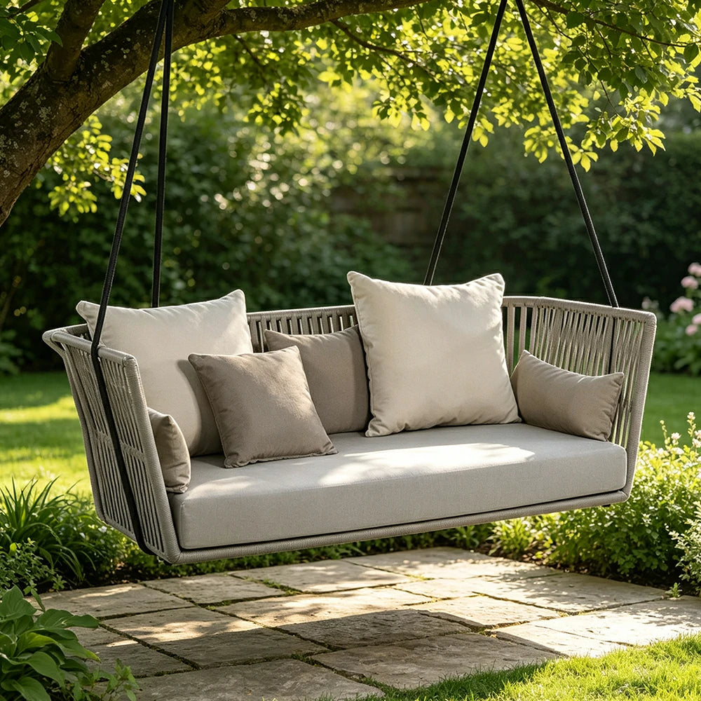 SOLARA Double Swing Sofa with PE Rattan Weaving & Waterproof Cushion, Outdoor Hanging Chair for Balcony Garden Patio