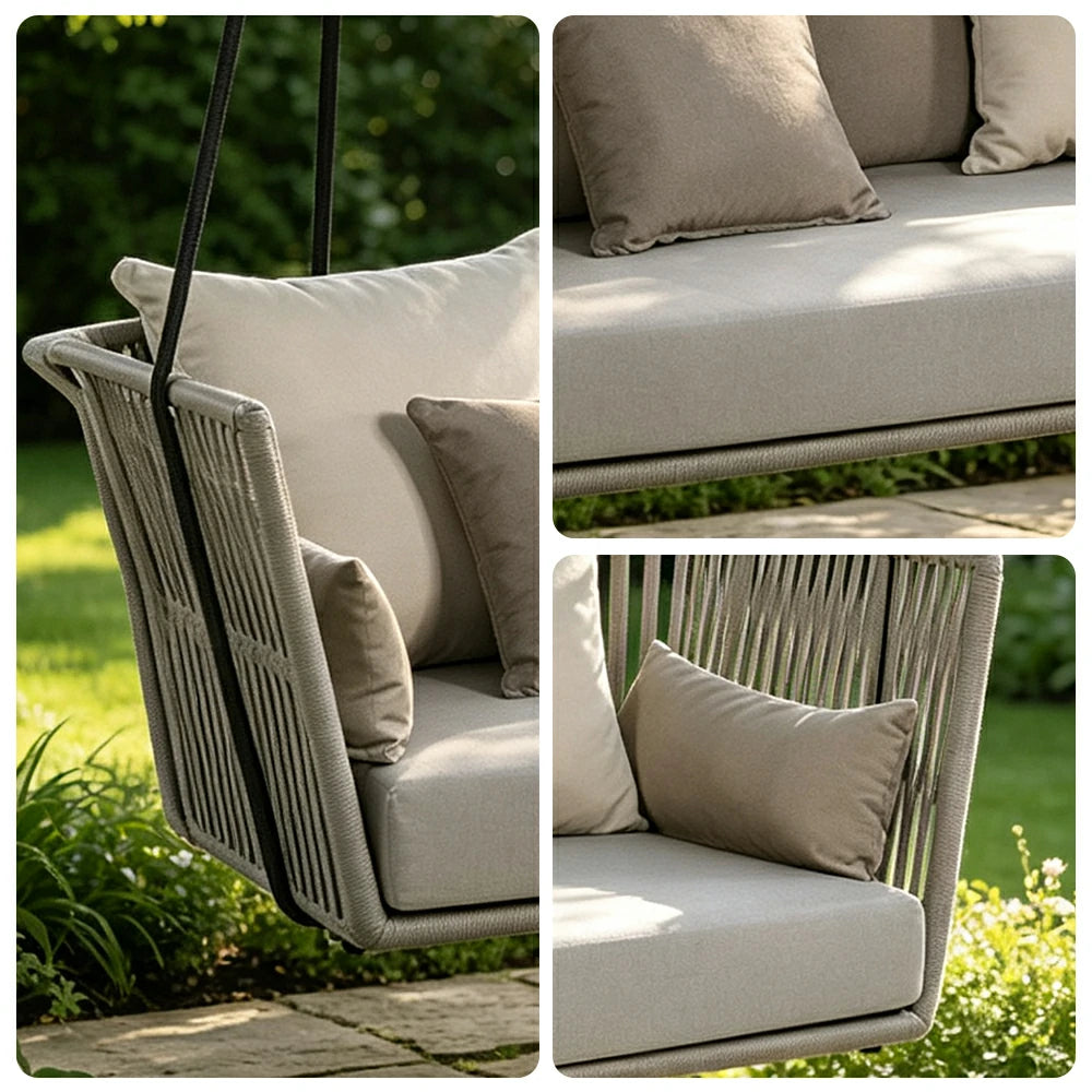 SOLARA Double Swing Sofa with PE Rattan Weaving & Waterproof Cushion, Outdoor Hanging Chair for Balcony Garden Patio