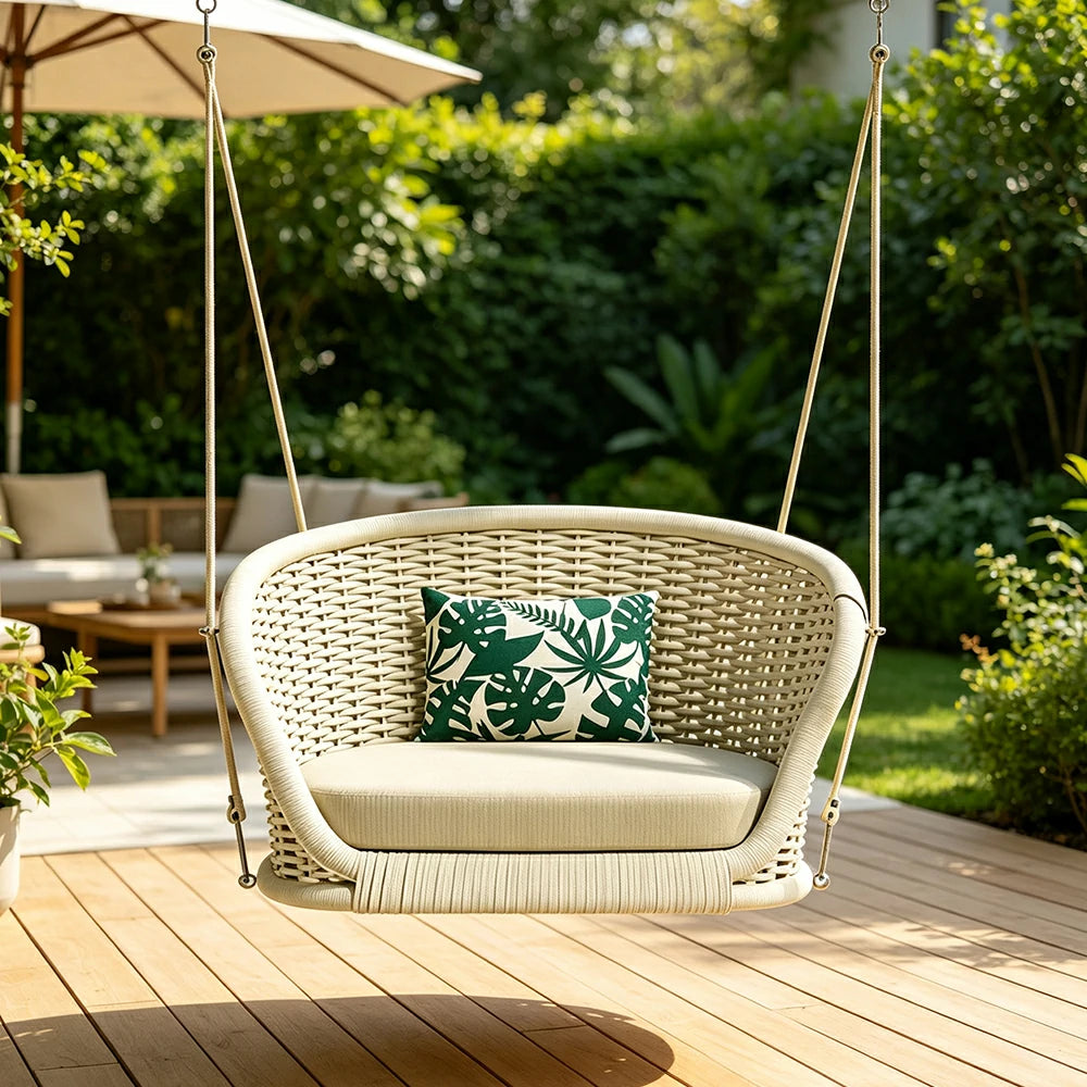 SOLARA Outdoor Hanging Basket Chair with PE Rattan Weaving & Waterproof Cushion, Nordic Swing Chair for Balcony Garden Patio Poolside