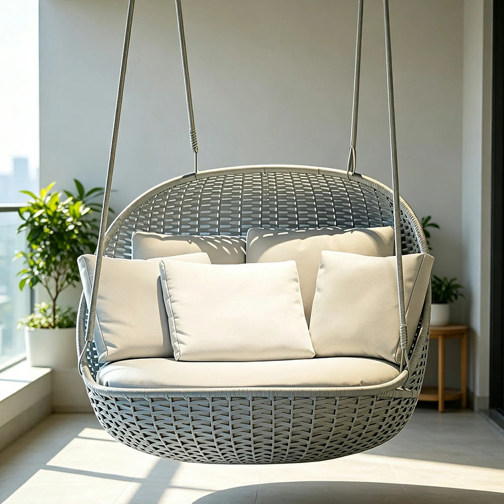 SOLARA Hanging Basket Sofa with Aluminium Frame & Handwoven PE Rattan, Comfortable Swing Chair for Outdoor Balcony Garden Patio
