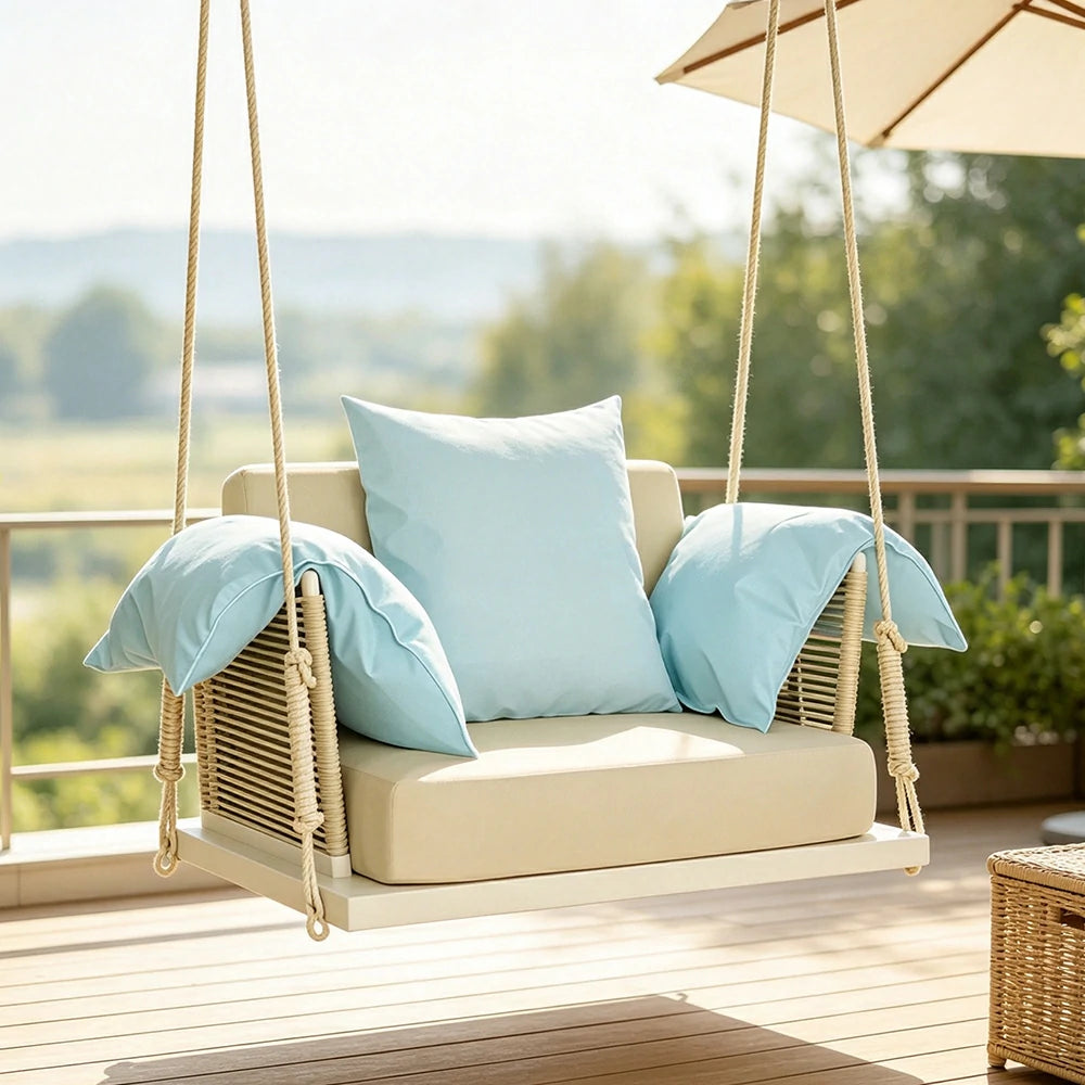SOLARA Hanging Swing Chair Aluminium Frame Handwoven PE Rope Water Resistant Cushion Single Outdoor Lounge Chair for Balcony Bedroom Patio - White