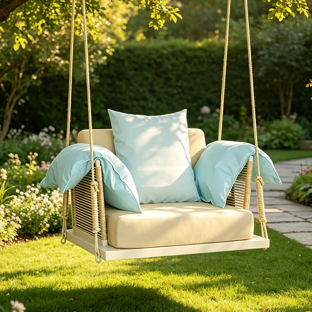 SOLARA Hanging Swing Chair Aluminium Frame Handwoven PE Rope Water Resistant Cushion Single Outdoor Lounge Chair for Balcony Bedroom Patio - White