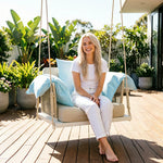 SOLARA Hanging Swing Chair Aluminium Frame Handwoven PE Rope Water Resistant Cushion Single Outdoor Lounge Chair for Balcony Bedroom Patio - White