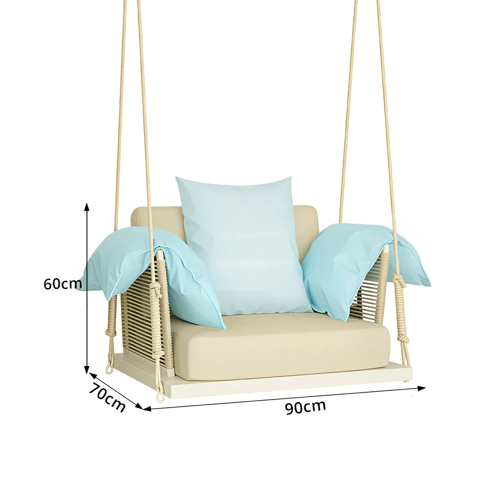 SOLARA Hanging Swing Chair Aluminium Frame Handwoven PE Rope Water Resistant Cushion Single Outdoor Lounge Chair for Balcony Bedroom Patio - White