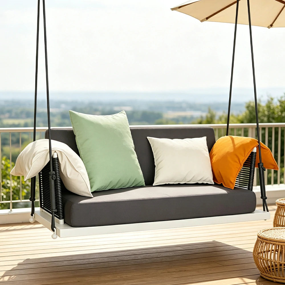 SOLARA Double Hanging Swing Chair Aluminium Frame Handwoven PE Rope Water Resistant Cushion Outdoor Lounge Chair for Balcony Bedroom Patio - Blue